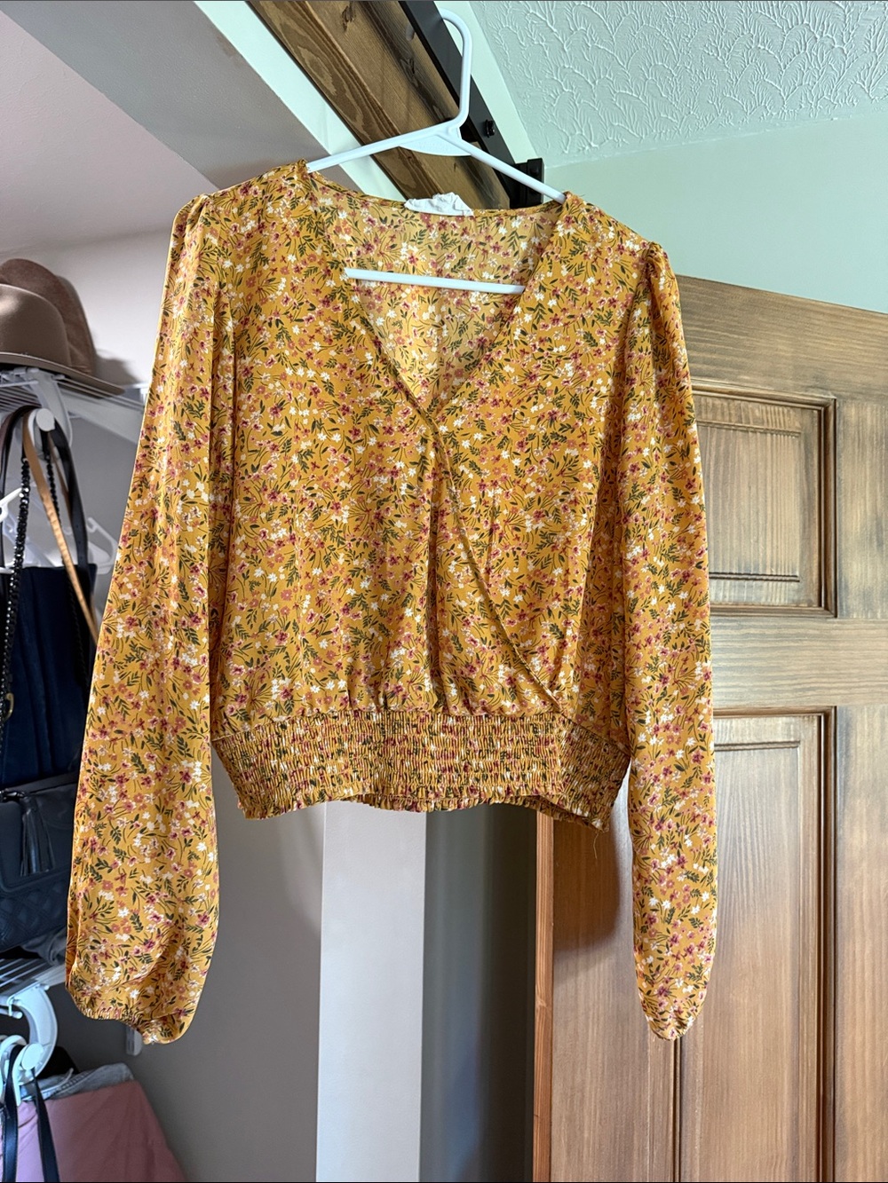 Pink Rose Yellow Floral V-Neck Long Sleeve Smocked Hem Top